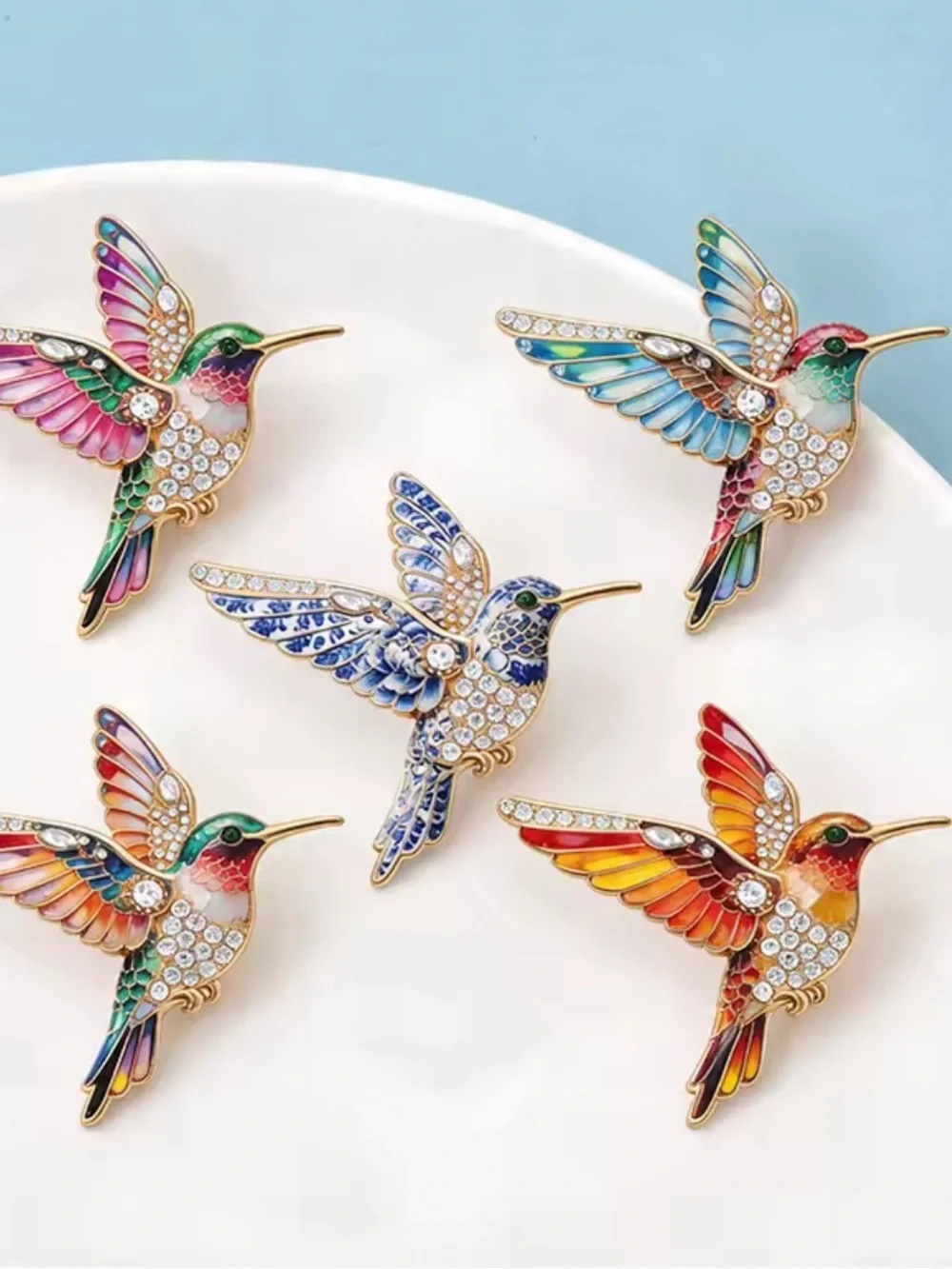 Blue Crystal Hummingbird Brooch